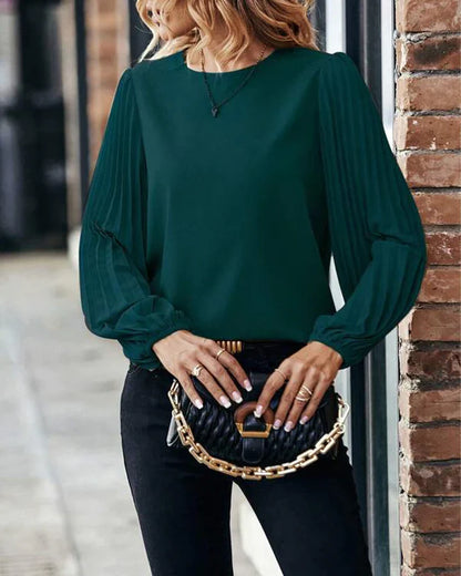 Women's pleated lantern sleeve round neck casual vacation top