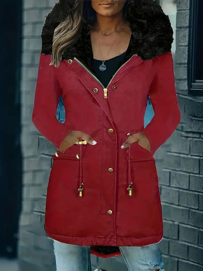 Women's winter hooded fur collar coat  with front pockets