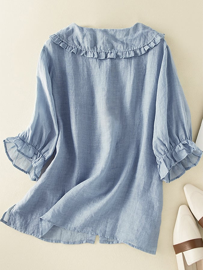 Women's Blouse - Comfortable Fiber Blend - Loose Fit - Button-Up - Ruffled Collar & Cuffs