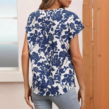 Women's Blouse - V-Neck Loose Fit - Short Sleeve Floral Print Casual Top