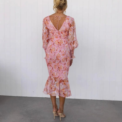 Women's Floral Midi Dress - Puff Sleeve - V-Neck - Ruffle Hem