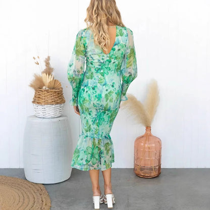 Women's Floral Midi Dress - Puff Sleeve - V-Neck - Ruffle Hem