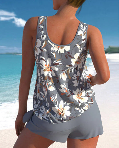 Women’s Tankini Set – Flowy Floral Top – Mid-Thigh Shorts – Relaxed Fit – Breathable Blend