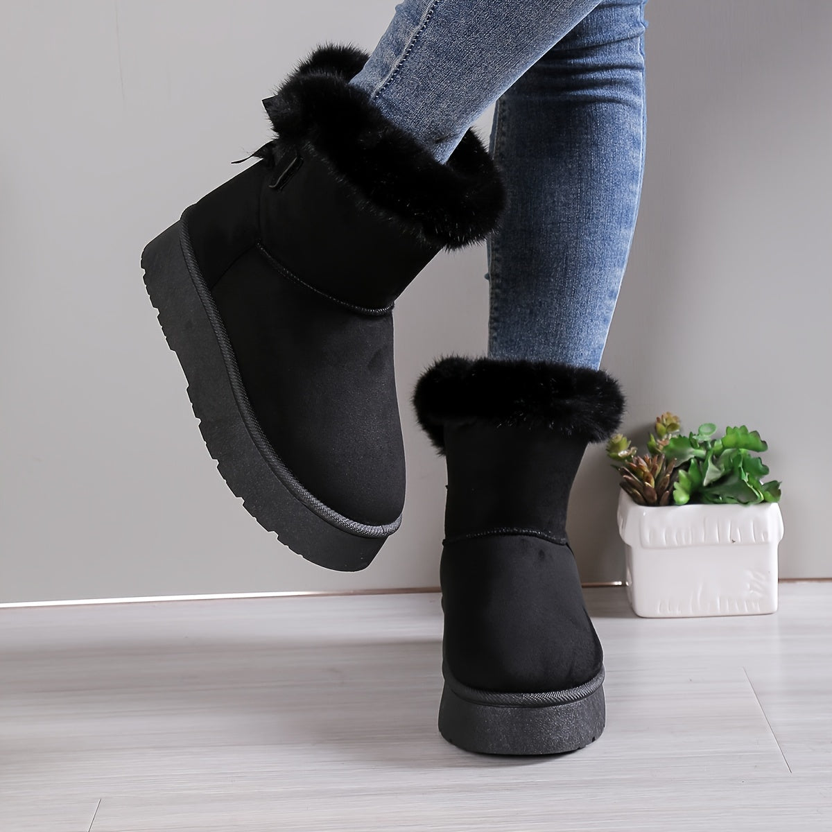 Women's stylish mid-top fleece and padded plush boots with bow knot