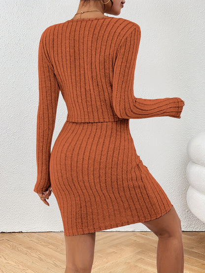 Two-piece ribbed button-up cardigan and bodycon dress set for women