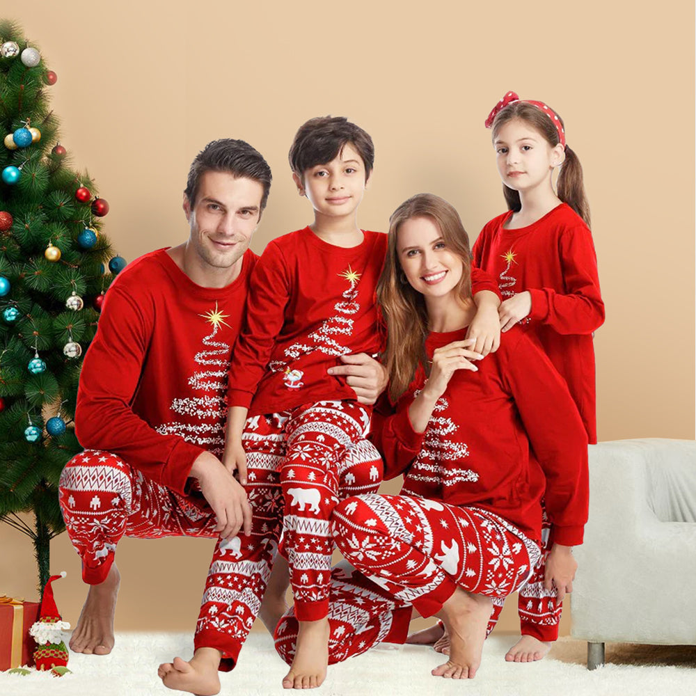 Family Christmas pajama set with tree & polar bear design