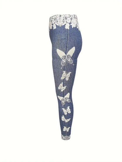 Women's Leggings - Denim Print Stretch Fit - High Waist - Lace Cuff Butterfly Detail