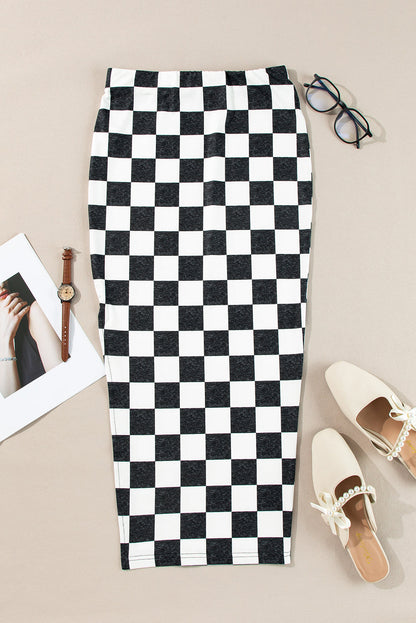 Retro medium-length plaid skirt with slit for women