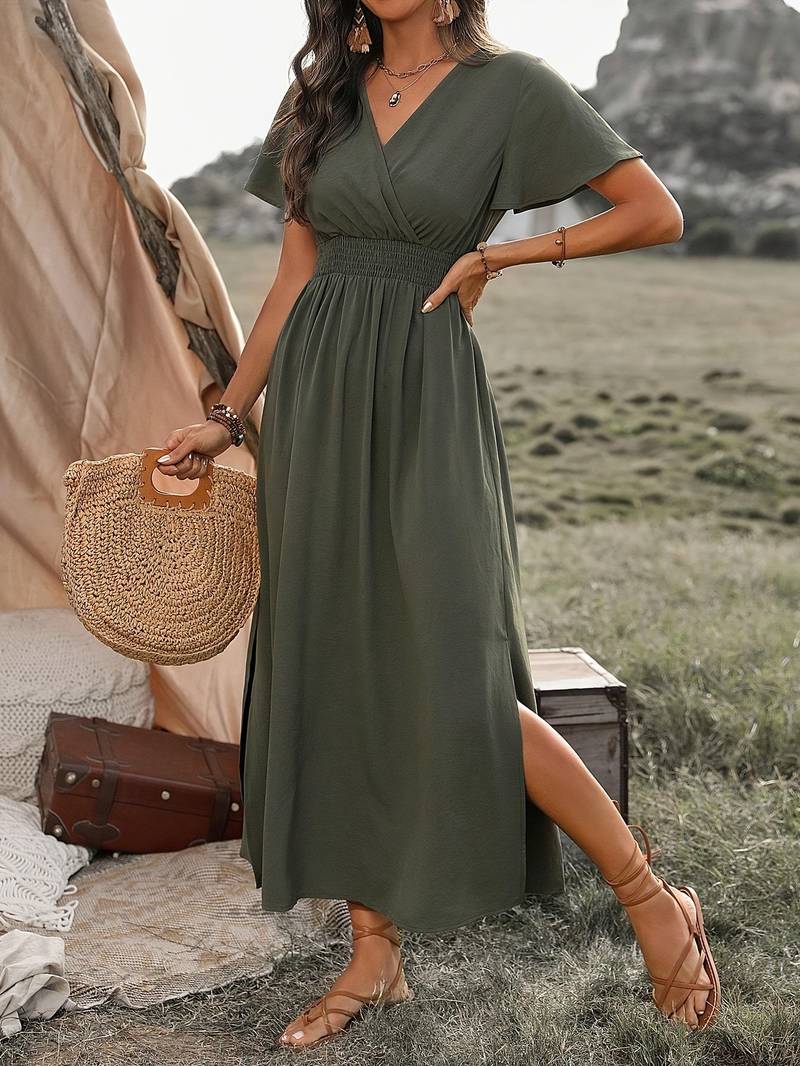 V-neck short sleeve smocked waist maxi dress for women