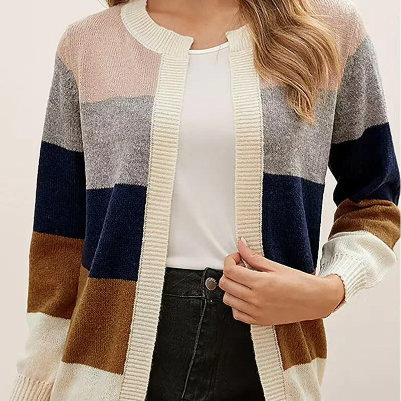 Striped Pattern Ribbed Open Front Knitted Cardigan