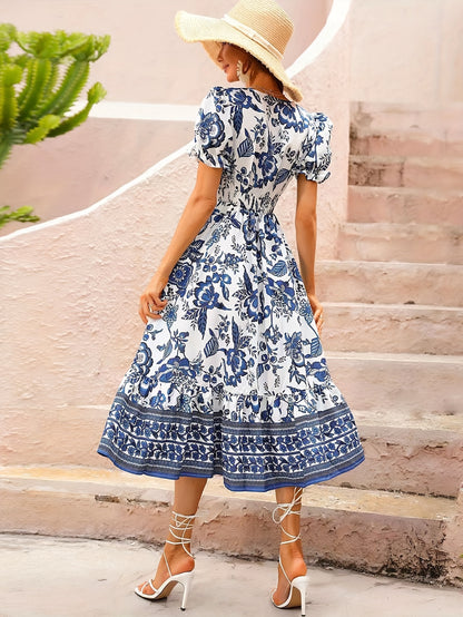 Women's Midi Dress - Floral Print - V-Neck - Puff Sleeves - Fit-and-Flare Silhouette
