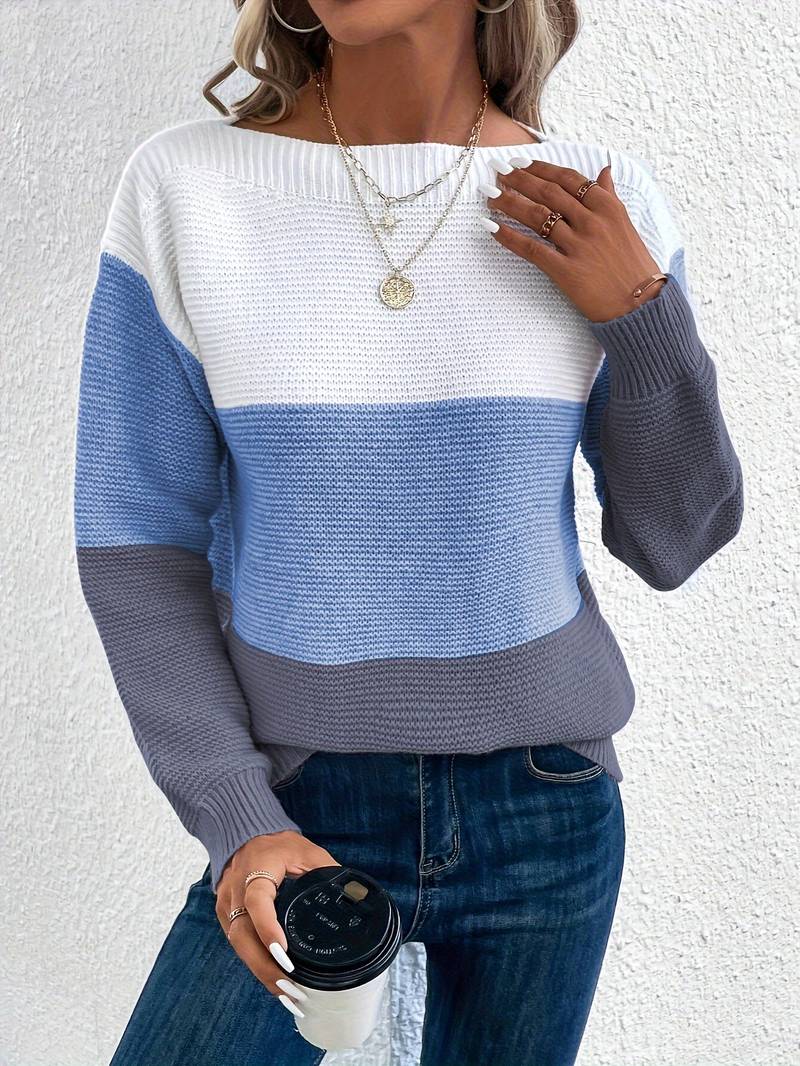 Women's Knit Sweater - Relaxed Fit - Crew Neck - Long Sleeve Color-Block Design
