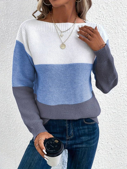 Women's Knit Sweater - Relaxed Fit - Crew Neck - Long Sleeve Color-Block Design