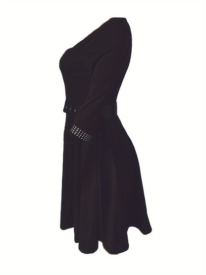 Women's V-Neck A-Line Dress – 3/4 Sleeve – Embellished Details – Belted Waist