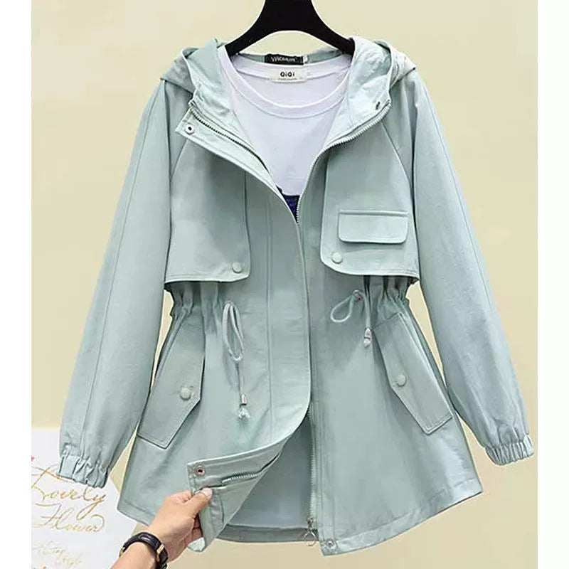Women's fall hooded trench coat long sleeve drawstring windbreaker