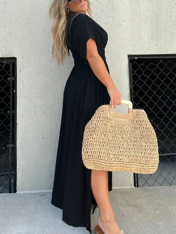 Women's Maxi Dress - V-Neck Short Sleeve - Flowing Fit with Side Slit