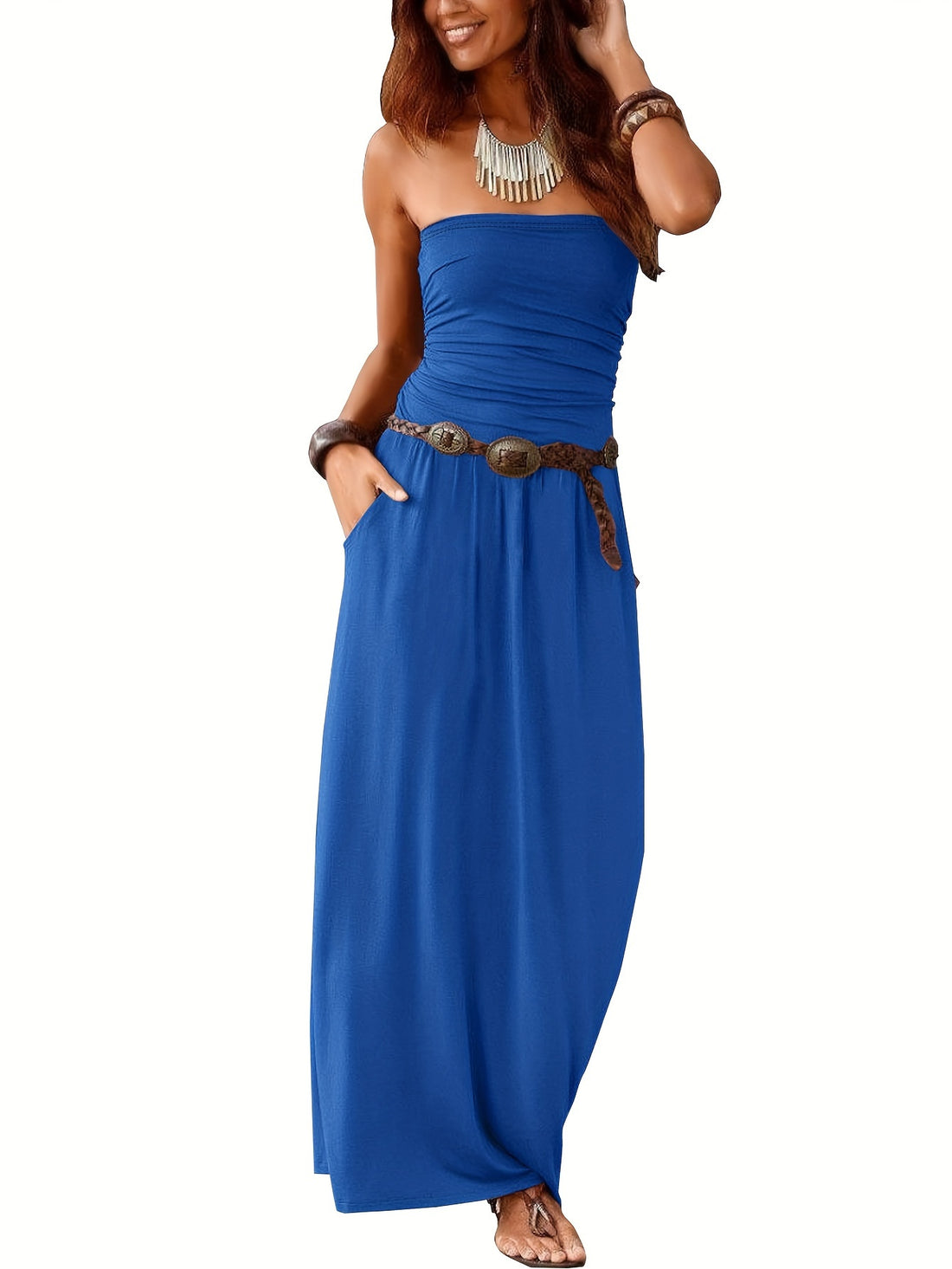 Sleeveless off-shoulder long dress with double pockets for women