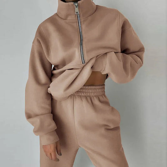 Two-Piece Relaxed Fit High Collar Tracksuit Set 
