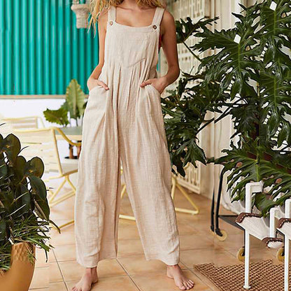 Women's Jumpsuit - Wide-Leg Relaxed Fit - Sleeveless Bib Overalls with Pockets