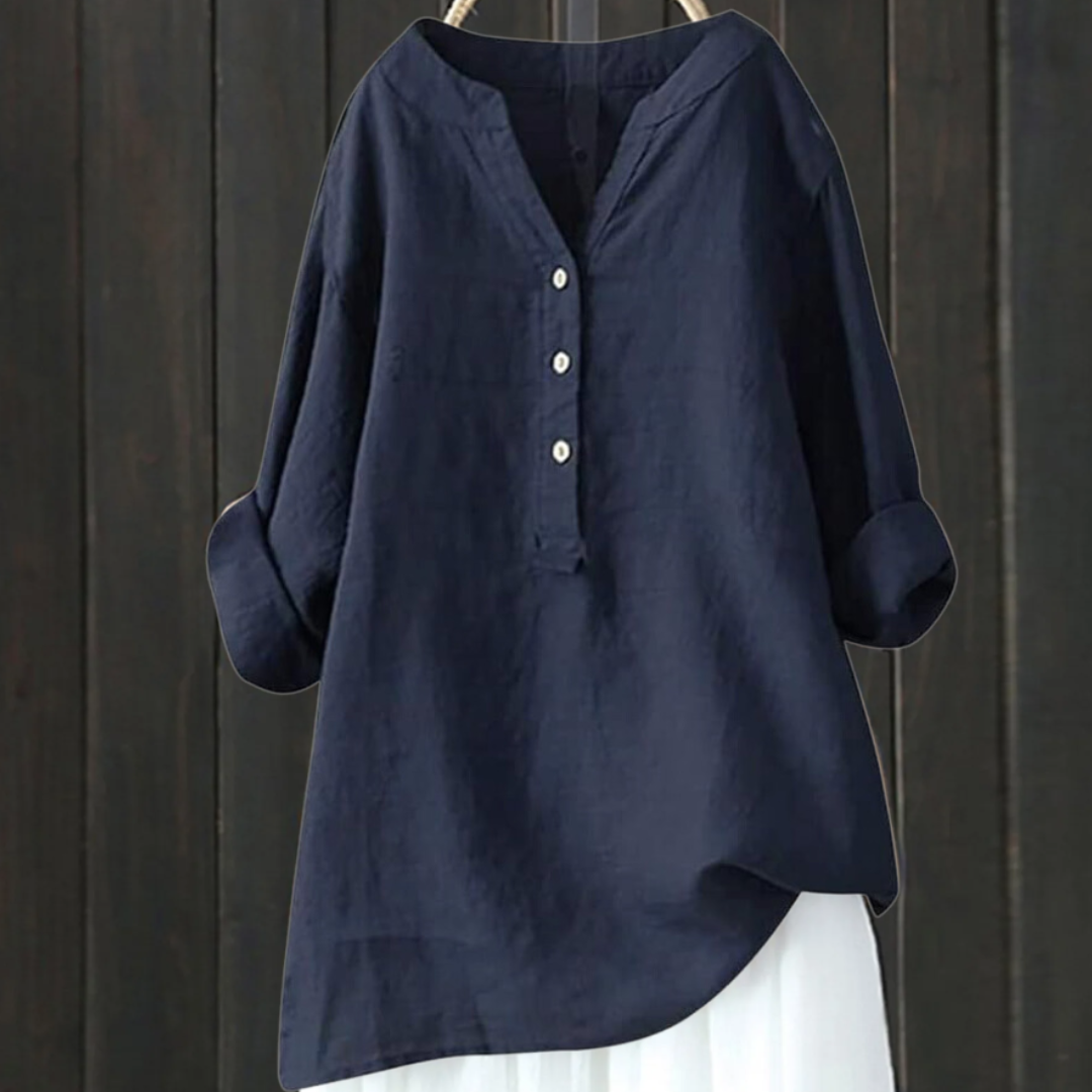 Women's loose solid stand collar button long sleeve shirt
