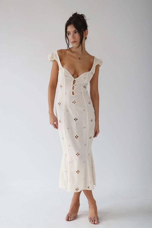 Embroidered Cut-Out Fitted Midi Dress