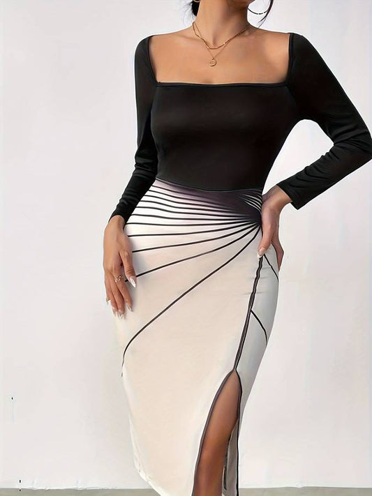 Fitted Square Neck Side Slit Dress