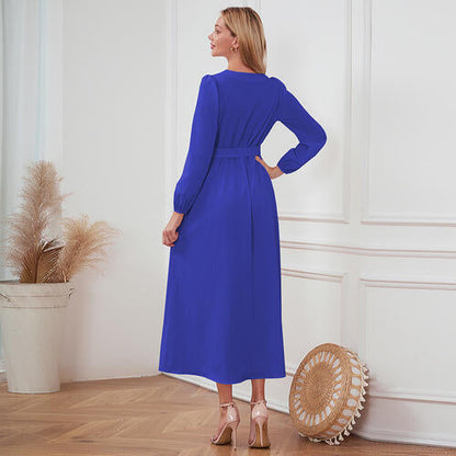 Women's Maxi Dress - V-Neck Button Front - Long Sleeve Tie Waist Flowy Fit