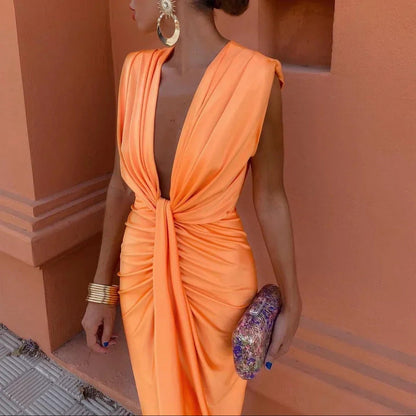 Women's Evening Gown - Deep V-Neck - Sleeveless - Waist Knot - Front Slit Elegant Dress