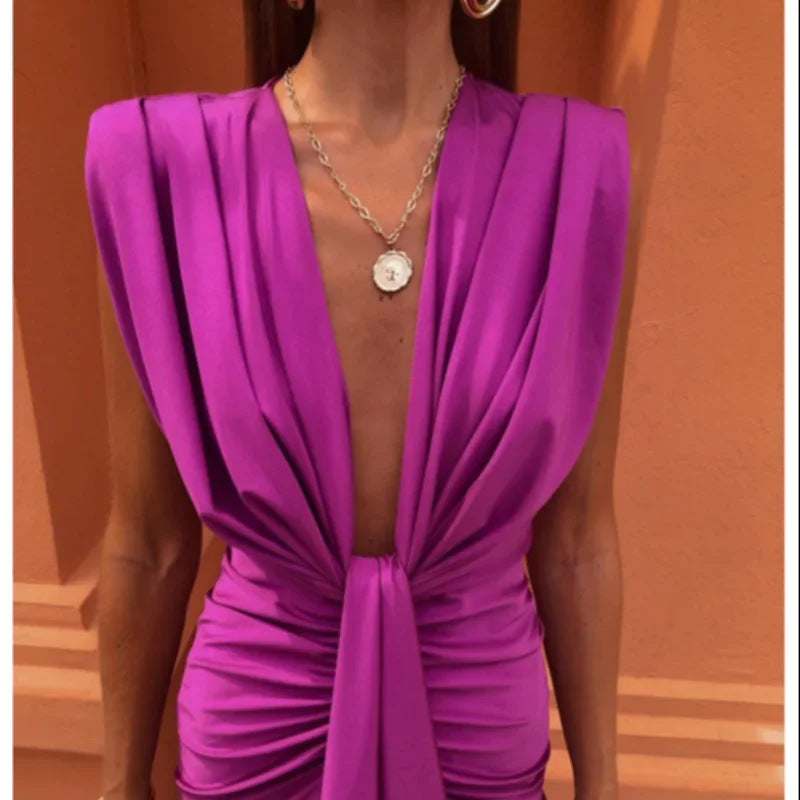 Women's Evening Gown - Deep V-Neck - Sleeveless - Waist Knot - Front Slit Elegant Dress