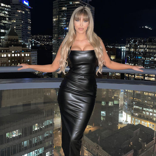 Sleek Fit Leather Midi Bodycon Dress