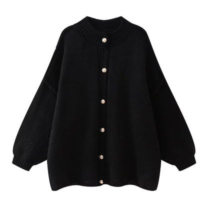 Women’s Knit Cardigan - Oversized Fit - Button-Up - Ribbed Crew Neck - Long Sleeve