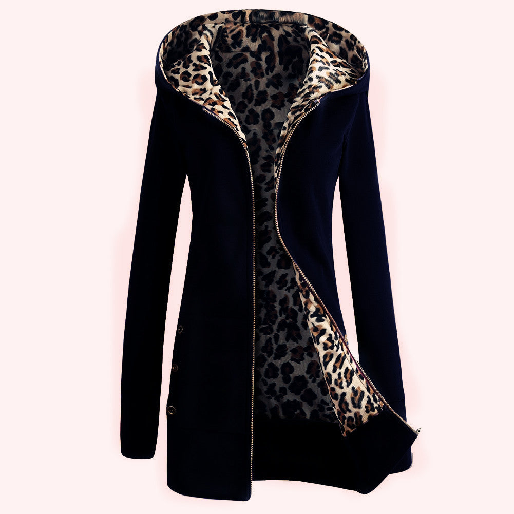 Women's longline hoodie with leopard print lining