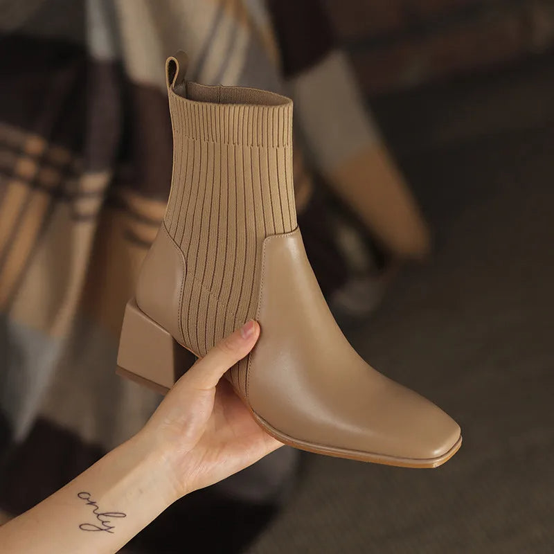 Women's square toe martin boots with elastic knitted socks