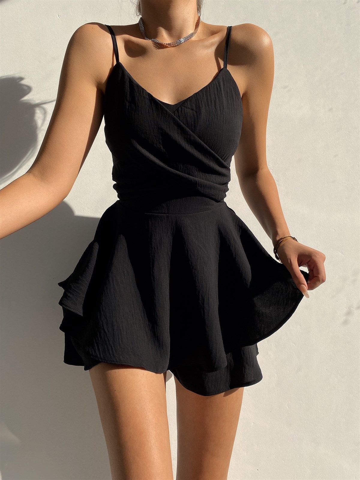 Women's Romper - Wrap V-Neck - Spaghetti Straps - Flowy High-Waist Shorts