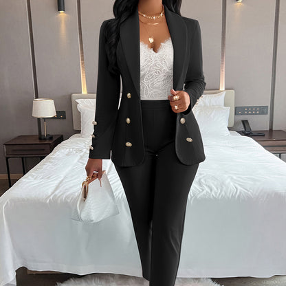Women's double-breasted casual suit set with long sleeves
