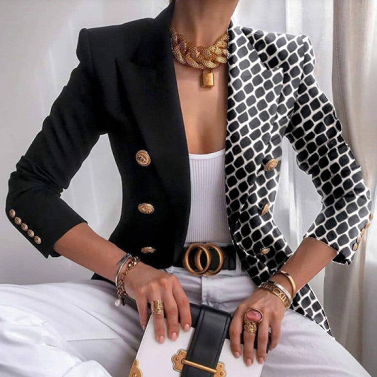 Women’s Blazer - Tailored Fit - Double-Breasted - Mixed Print - 3/4 Sleeve Statement Style