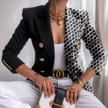 Women’s Blazer - Tailored Fit - Double-Breasted - Mixed Print - 3/4 Sleeve Statement Style
