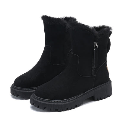 Women’s Mid-Calf Boots – Suede Upper – Faux Fur Lined – Chunky Treaded Sole – Side Zip