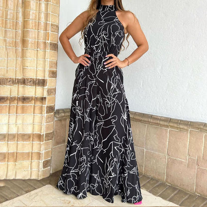 Women's Halter Neck Jumpsuit - Wide Leg - Abstract Print - Elegant Flowy Fit