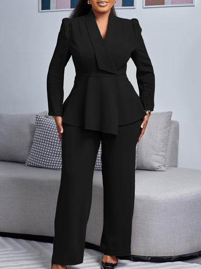 Women’s Pantsuit Set – Peplum Blazer with Shawl Collar – Wide-Leg High-Waist Trousers