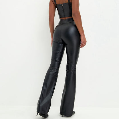 High-waisted faux leather flared pants for women