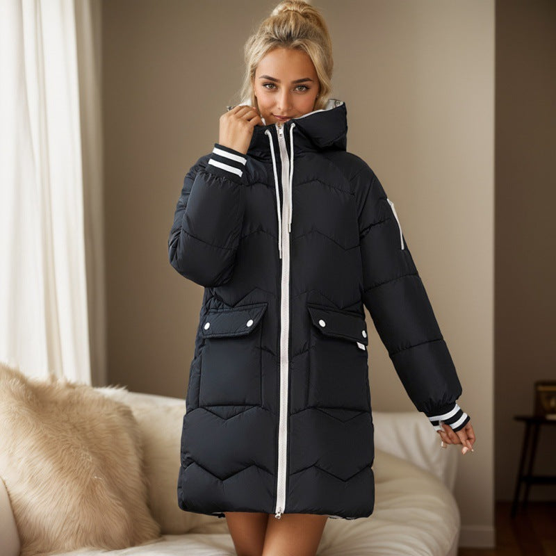 Long hooded puffer jacket for women