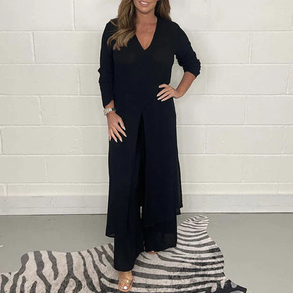 Women's slit long tops and pants suit