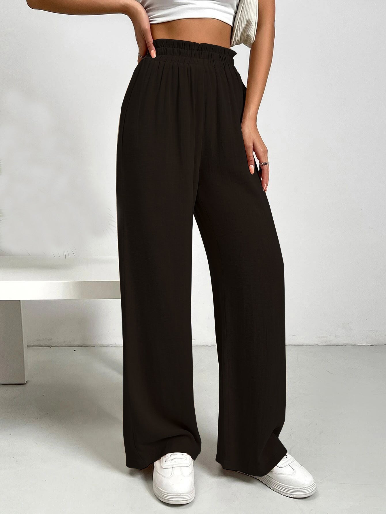 High-waisted elastic wide-leg flowy pants for women