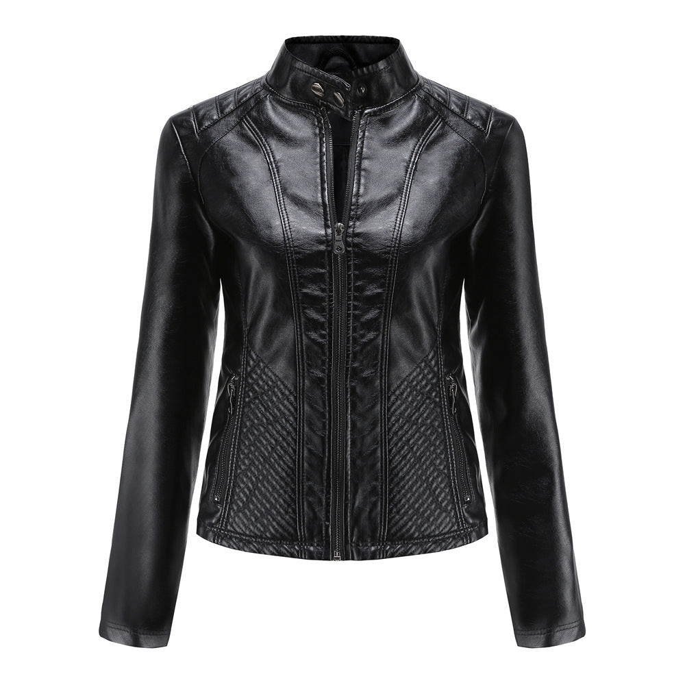 Women's casual leather stand collar jacket