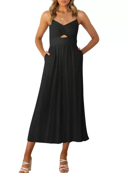 Women's Jumpsuit - Spaghetti Strap V-Neck - Cut-Out Detail - Wide Leg Flowy Fit