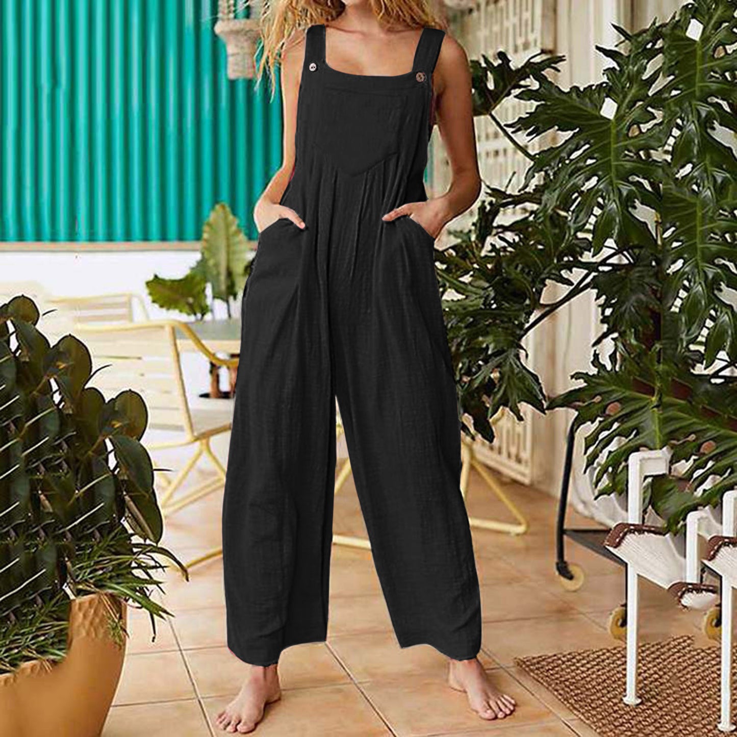 Women's Jumpsuit - Wide-Leg Relaxed Fit - Sleeveless Bib Overalls with Pockets