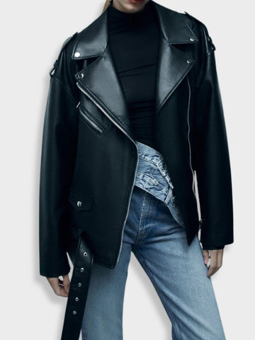 Black leather jacket for women with wide lapel