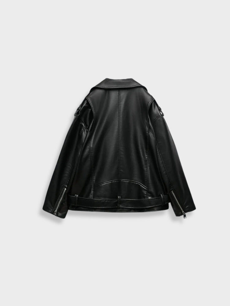 Women's Leather Biker Jacket - Wide Lapel - Asymmetrical Zipper - Belted Fit