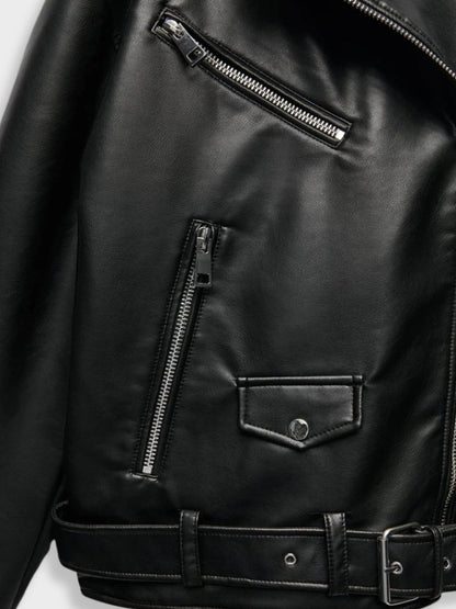 Women's Leather Biker Jacket - Wide Lapel - Asymmetrical Zipper - Belted Fit